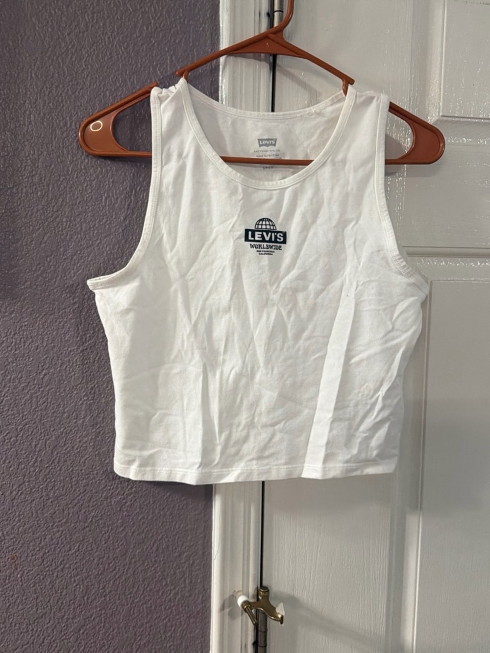 Levi's White Crop Tank with Navy Logo - Women's